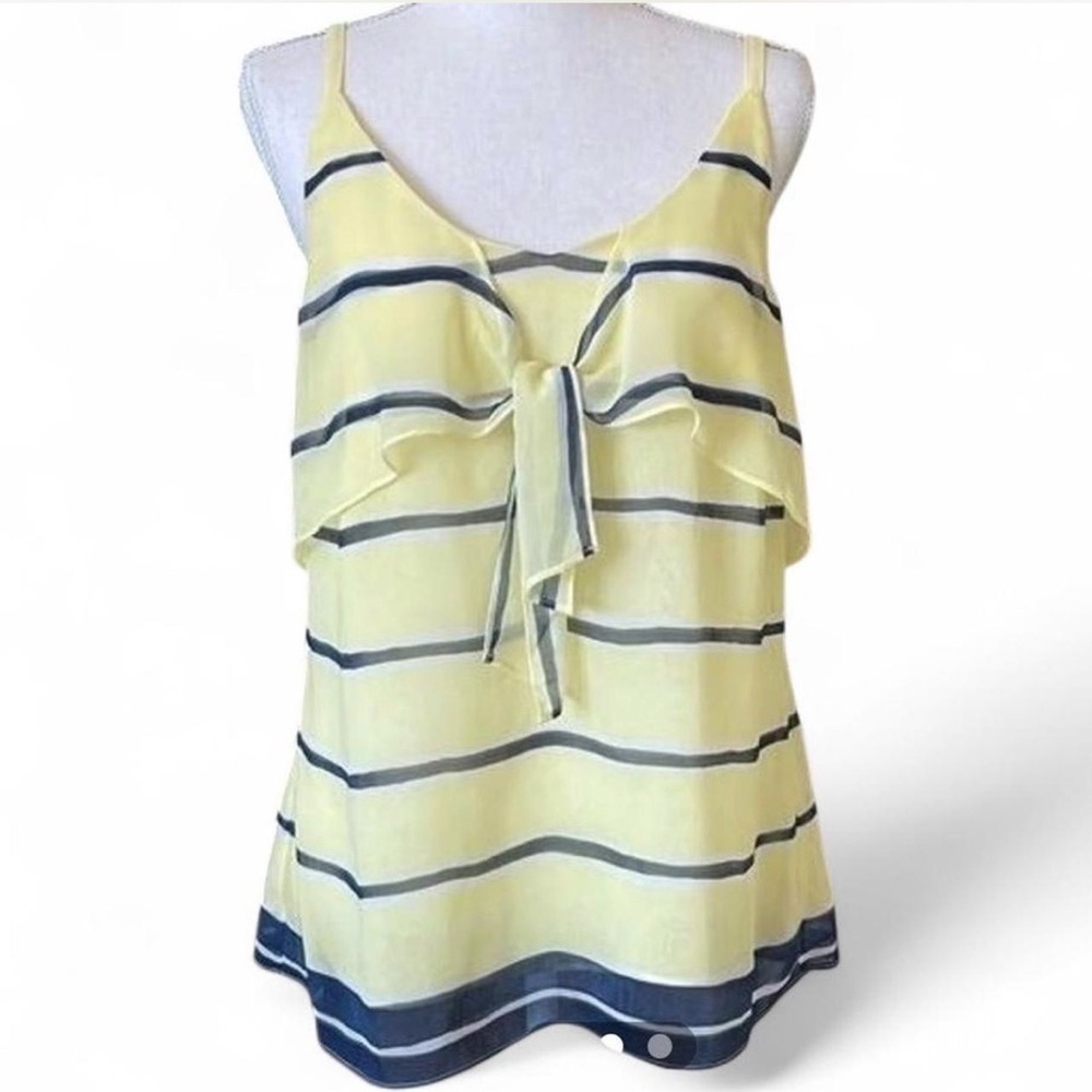 CAbi Yellow & Navy Stripe Tie-Front Ruffle Camisole